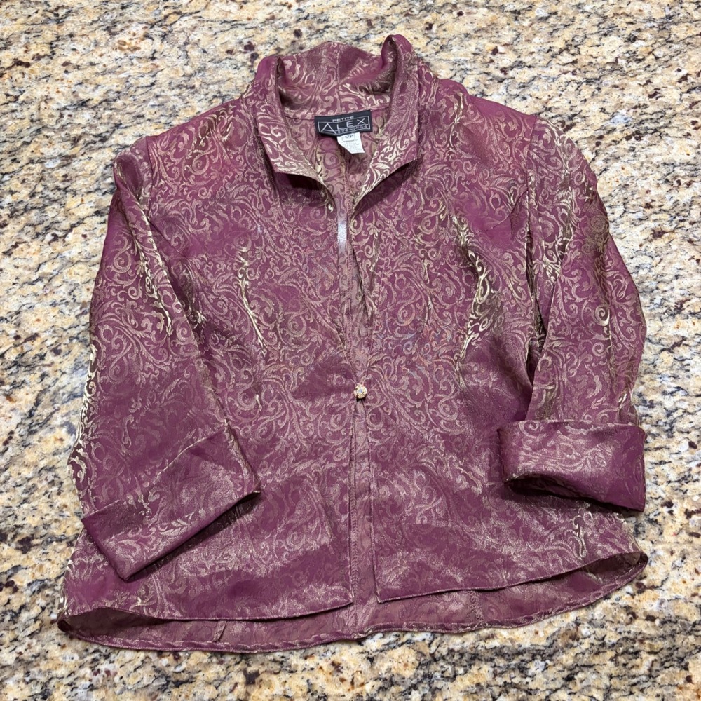 Alex Evenings Petite Plum Gold Metallic Damask Evening Jacket 12P Rhinestone ws